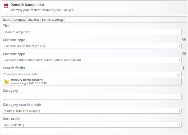 Sample list configuration in the OpenCms backend.